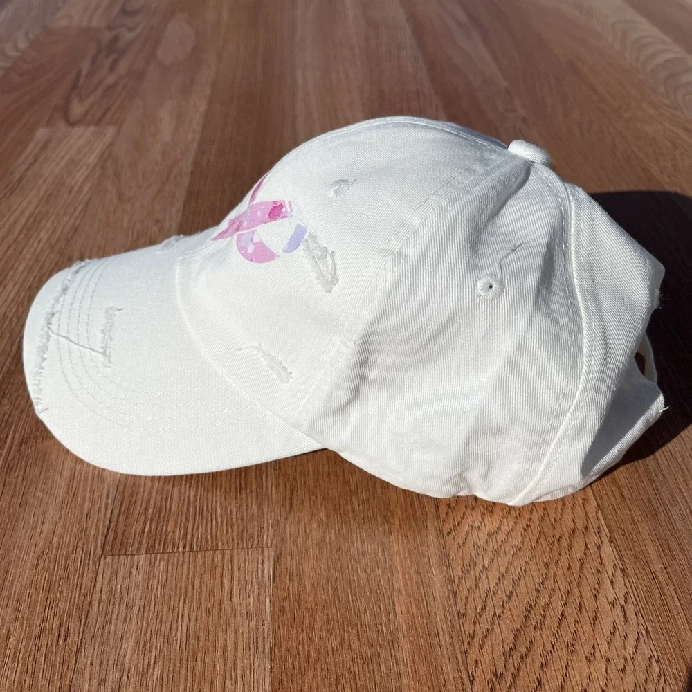 Breast Cancer Awareness Women's Hat Cap White Distressed‎ Adjustable NEW